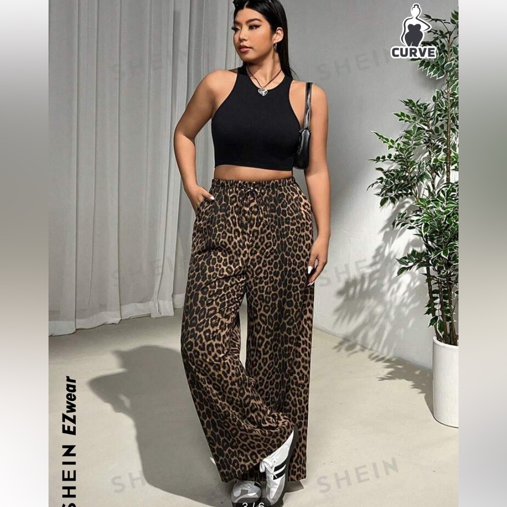 SHEIN EZwear Plus Size Women Fashionable Leopard Printed Wide Leg Pants